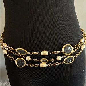 Vintage Kenneth Jay Lynn God and Black Chain Belt with Pearl Accents
